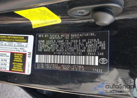 2011 Toyota Camry Le из США, поврежденный, VIN 4T1BF3EK9BU762785